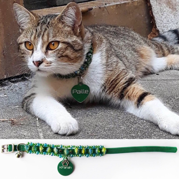 KFarah Collier pour Chat, Chiot, Chien en perles vert. Fabrication française, à Paris. KFarah Necklace for Cat, Dog and Puppy in green pearls. French manufacture, in Paris.